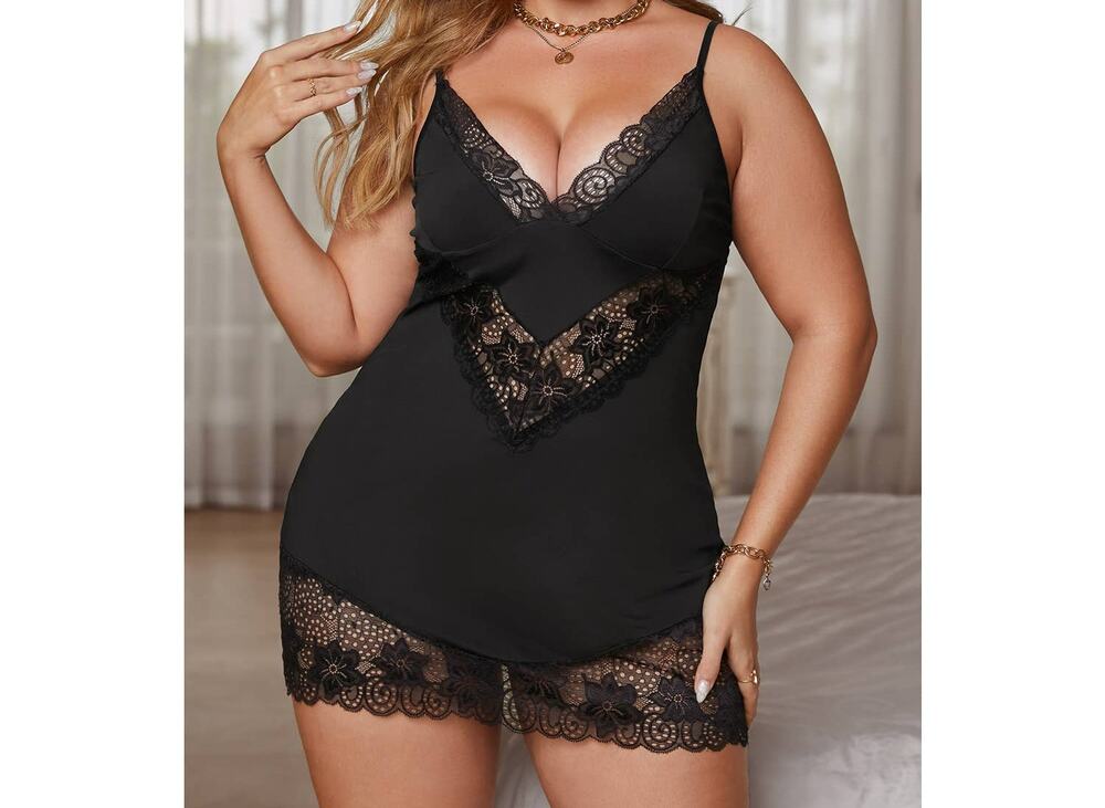 Womens Lingerie Black Lace Babydoll Chemise Sheer Vneck Nightie GString Panty 3X